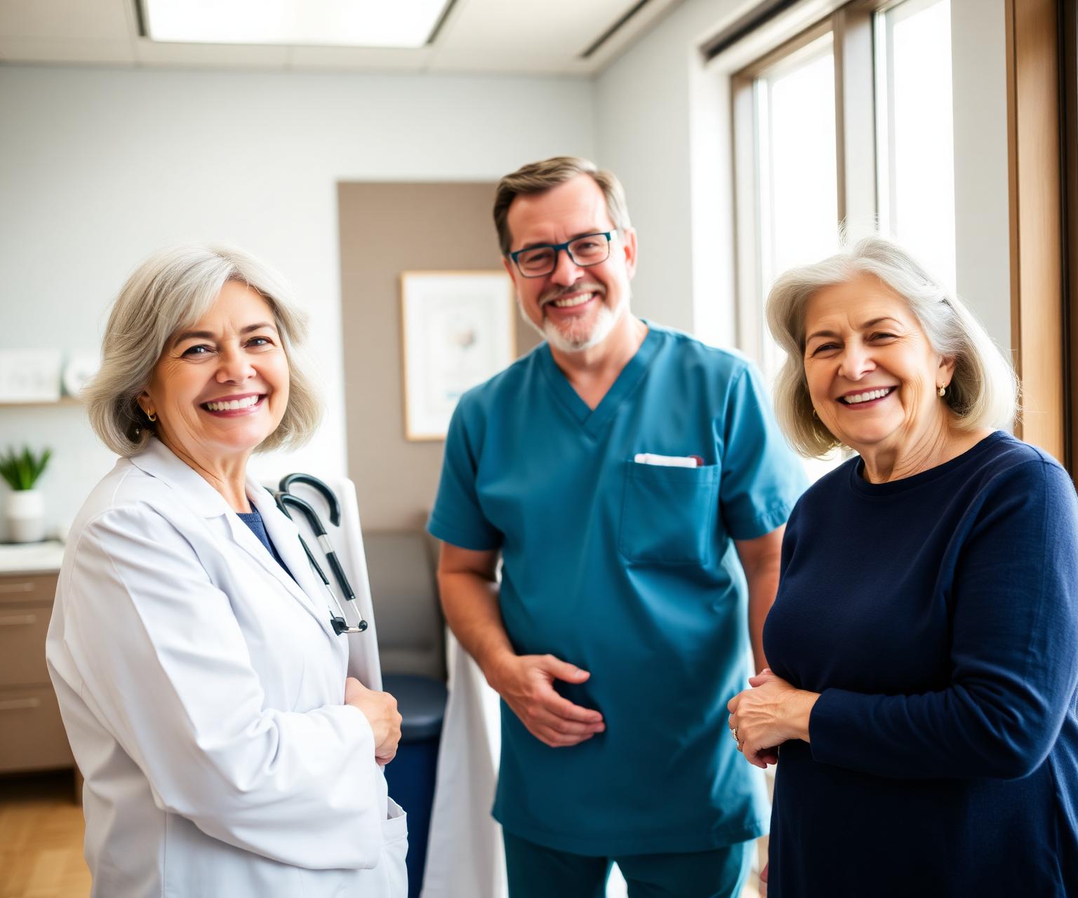 A Ranchers Medical Clinic physician with two senior patients in a bright, modern consult room